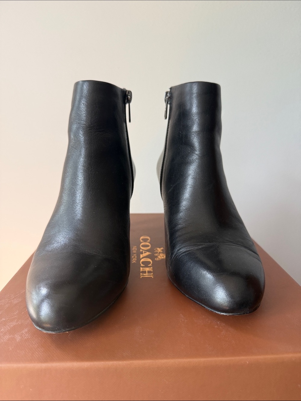 Coach Black Leather Ankle Booties with Button Trim